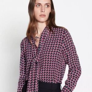 Equipment Houndstooth Star Luis Button Down Self Tie Neckline Top in Black Red